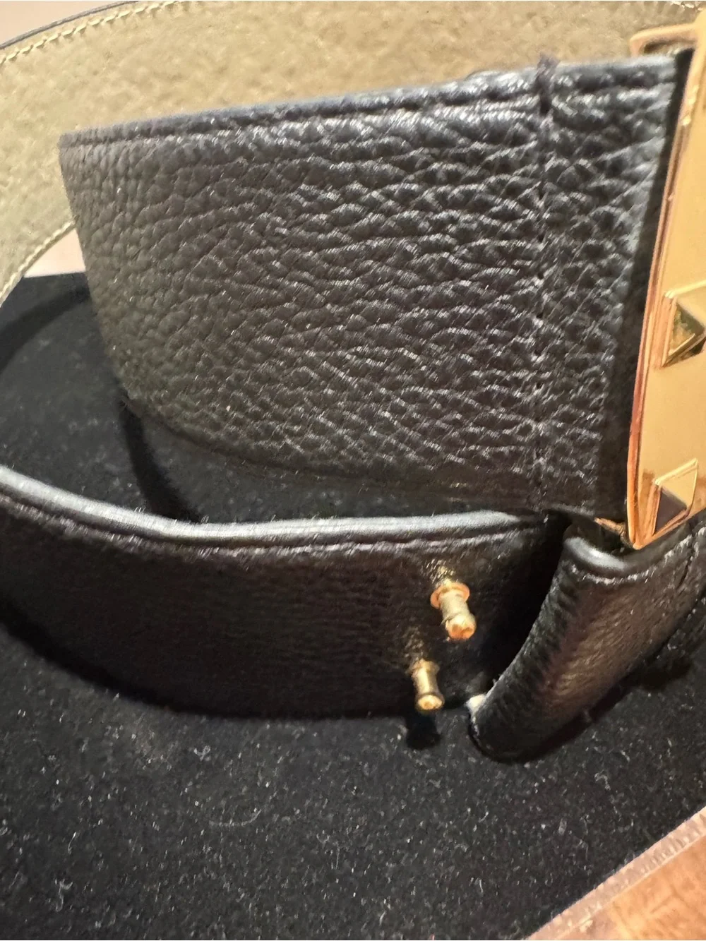 BCBG Black Faux Leather Belt with Gold Pyramid Stud Buckle. 34” long.
